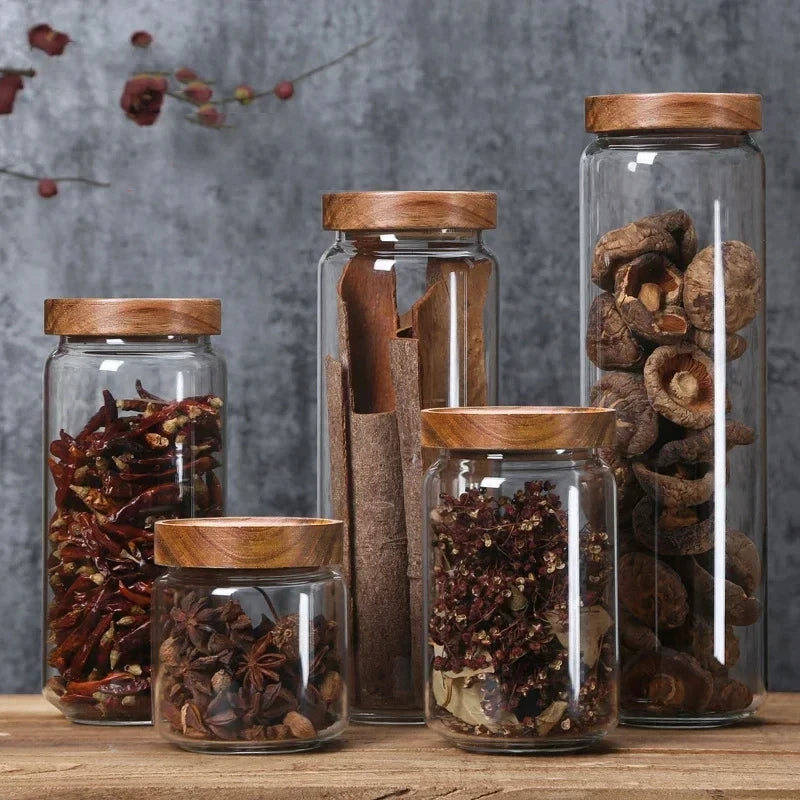 Bocal hermétique en verre avec couvercle bois — Conservation cuisine
