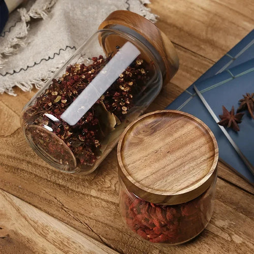 Bocal hermétique en verre avec couvercle bois — Conservation cuisine