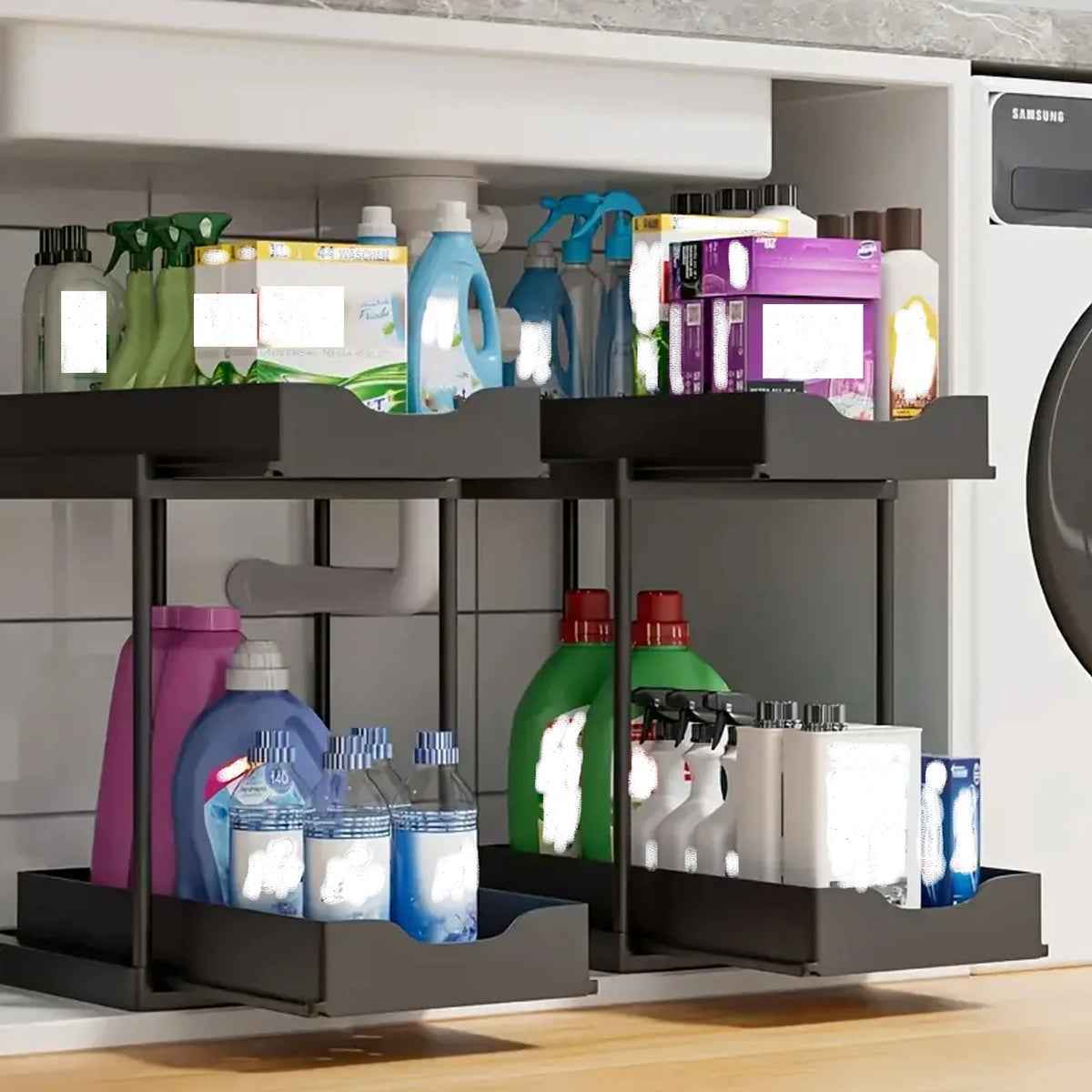 Rangement coulissant sous évier — Organiseur de cuisine 2 niveaux
