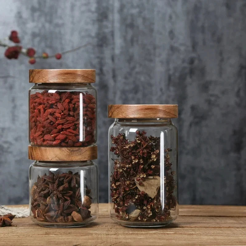 Bocal hermétique en verre avec couvercle bois — Conservation cuisine