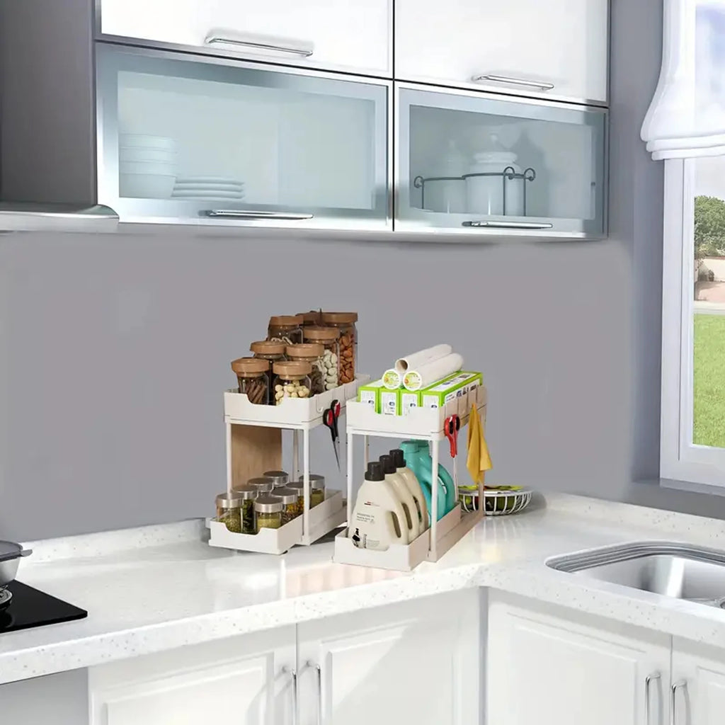 Rangement coulissant sous évier — Organiseur de cuisine 2 niveaux
