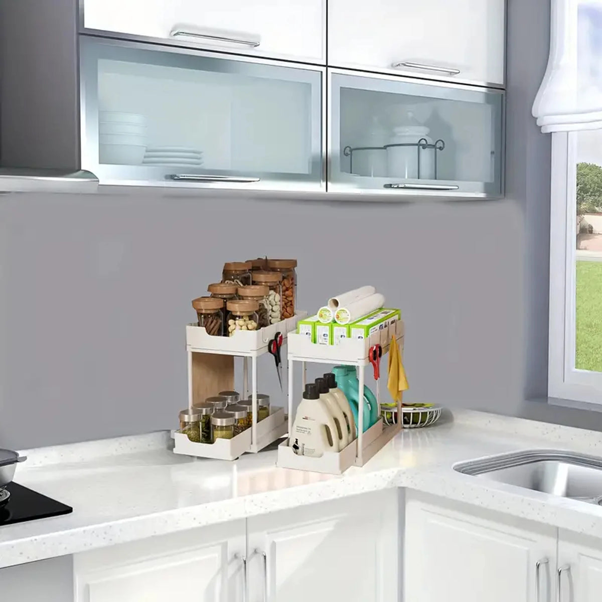 Rangement coulissant sous évier — Organiseur de cuisine 2 niveaux