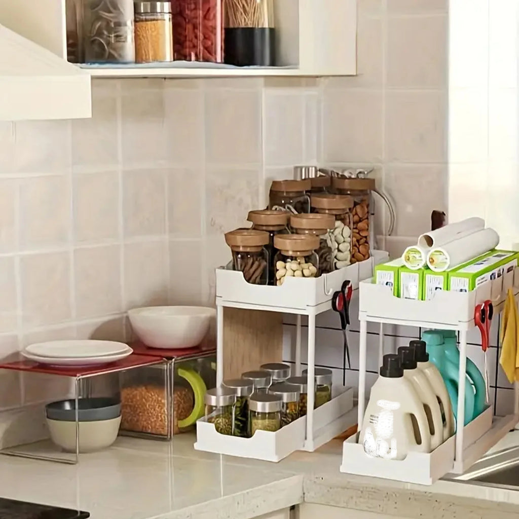 Rangement coulissant sous évier — Organiseur de cuisine 2 niveaux