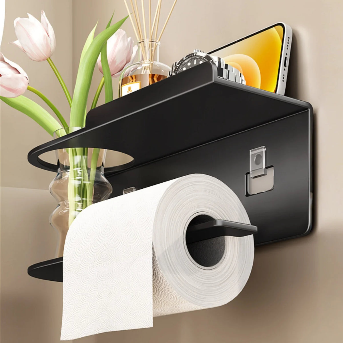 Porte-rouleau papier toilette autocollant avec tablette téléphone